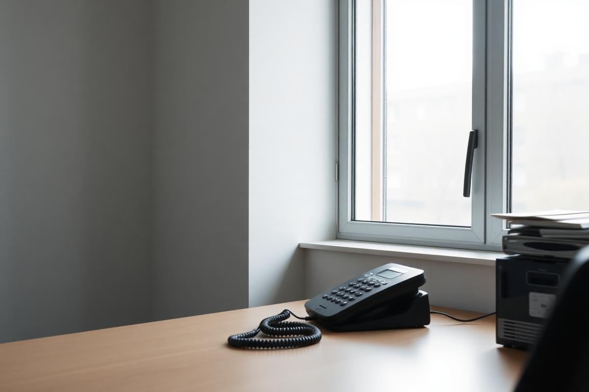 Telefon på et skrivebord ved et vindue