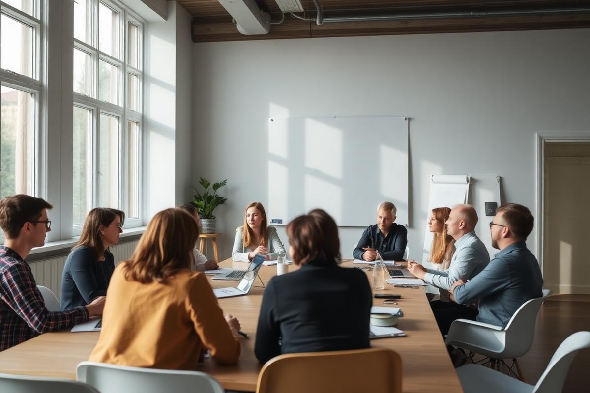 Workshopdeltagere omkring et bord i et lyst lokale